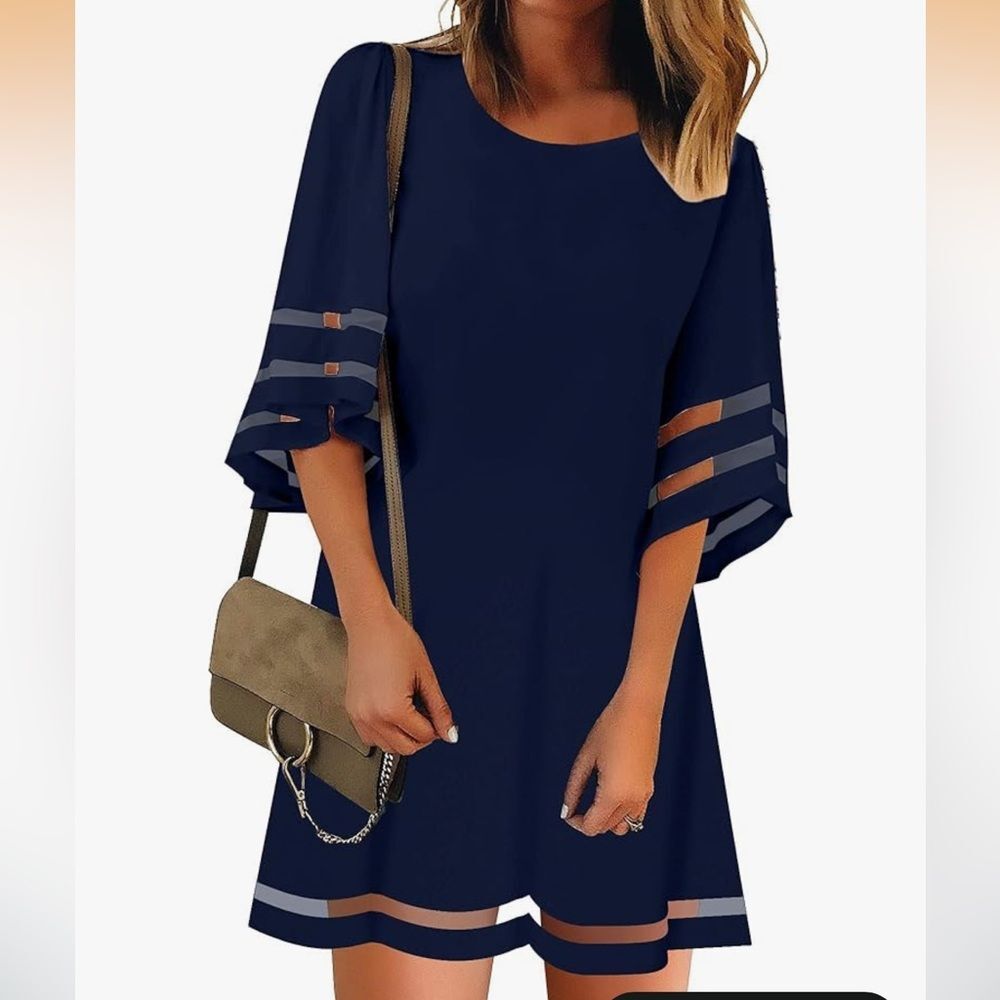 Lookbook Store Chic Navy 3/4 Sleeve Panel Casual Crewneck Dress
